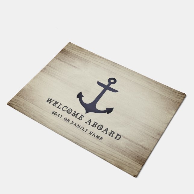 Rustic Anchor Welcome Aboard Grey Wood Nautical Doormat (Angled)