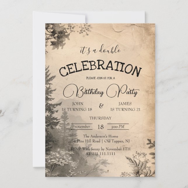 Rustic and Beige Forest Double Birthday Party  Invitation (Front)