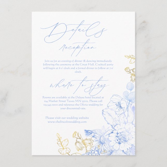 Rustic and elegant Floral dusty blue gold Wedding  Enclosure Card (Front)