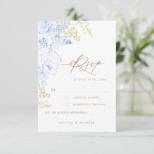Rustic and elegant Floral dusty blue gold Wedding  RSVP Card (Standing Front)