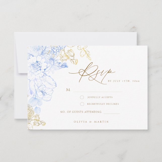 Rustic and elegant Floral dusty blue gold Wedding  RSVP Card (Front)