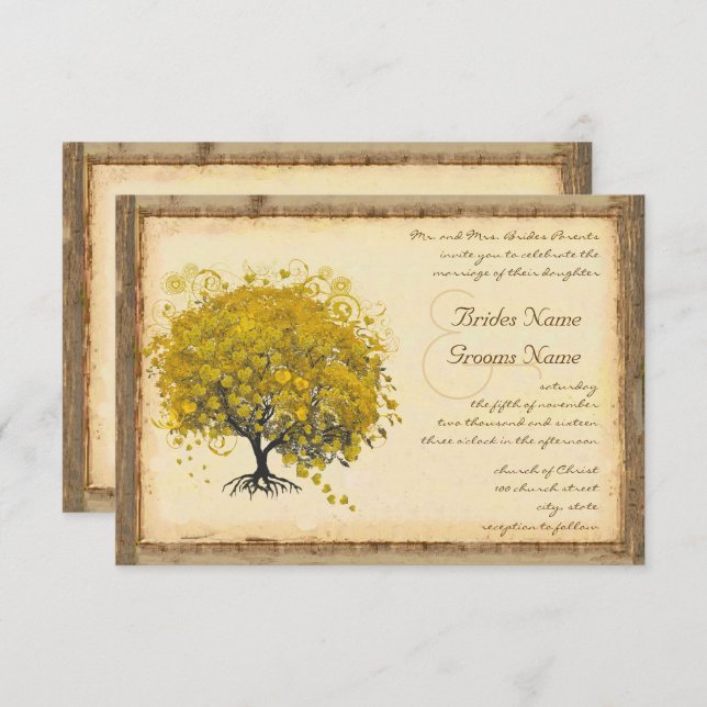 Rustic and Romantic Yellow Heart Tree Wedding Invitation (Front/Back)