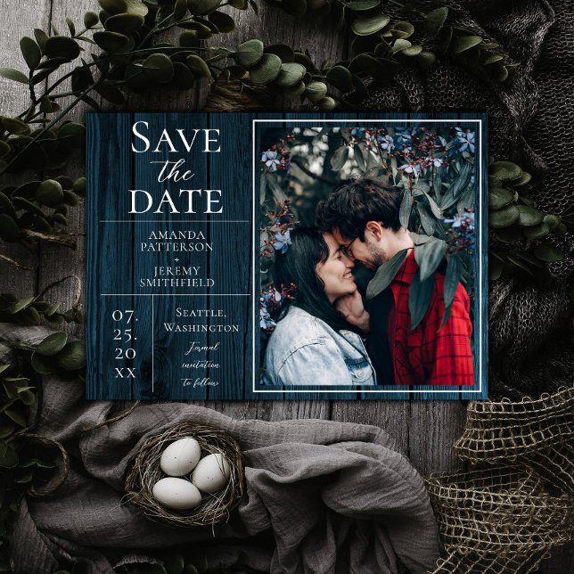 Rustic and Simple Photo | Blue Save the Date (Blue Rustic and Simple Photo Save the Date)