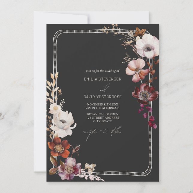 Rustic Anemone Hand Drawn Border Floral Wedding Invitation (Front)