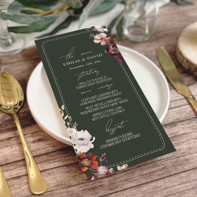 Rustic Anemone Hand Drawn Border Green Wedding  Menu (Creator Uploaded)