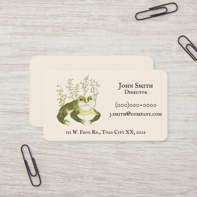 Rustic Animal Art Amphibian Watercolor Frog Business Card (Front/Back In Situ)