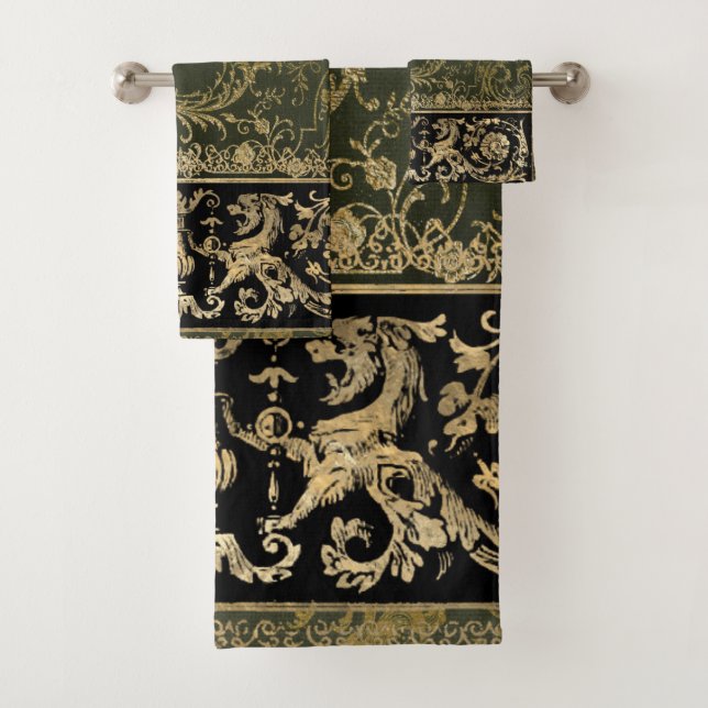 Rustic, antique, gothic, golden bronze,pattern, vi bath towel set (Insitu)