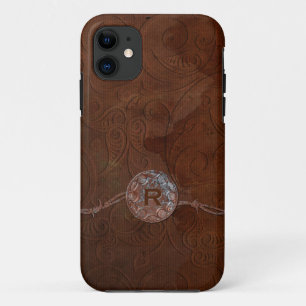 Rustic Antique Look Embossed Leather Monogram iPhone 11 Case