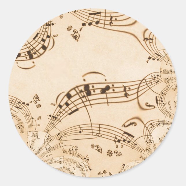 Rustic Antique Musical Notes Classic Round Sticker (Front)