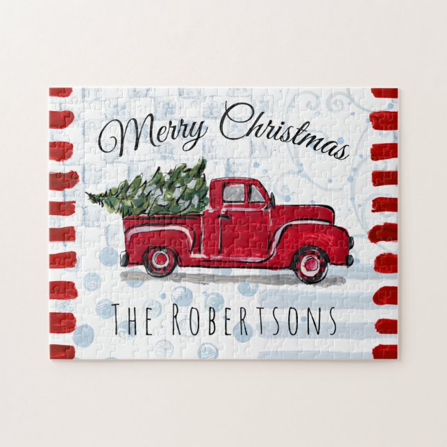 Rustic Antique Red Truck Personalised Jigsaw Puzzle (Horizontal)