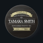 Rustic Antiqued Vintage Birthday 7.5 Cm Round Badge<br><div class="desc">Vintage Birthday Sign with old-looking banner and wood grain look. An old-fashioned simple design for any age's birthday,  especially over the hill. Minimalistic representation of a vintage sign depicting birth date,  and birth year. With swirling elements that have been made to look antiqued.</div>