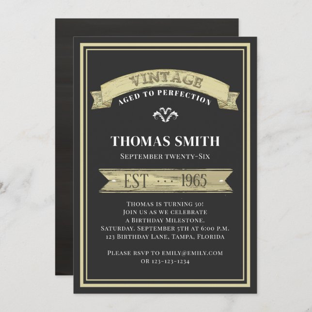 Rustic Antiqued Vintage Birthday Sign Invitation (Front/Back)