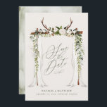 Rustic antler and foliage canopy wedding save the date<br><div class="desc">Rustic wedding canopy save the date invite. With beautiful watercolor foliage,  white florals,  antlers,  sheer curtains and script hand writing. This modern wedding save the date is sure to set the style for your upcoming marrage.</div>