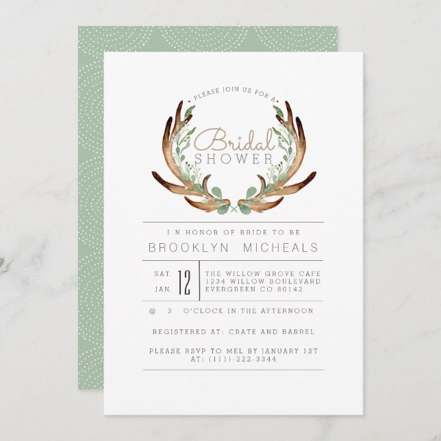 Rustic Antler and Vine Watercolor Bridal Shower Invitation (Front/Back)