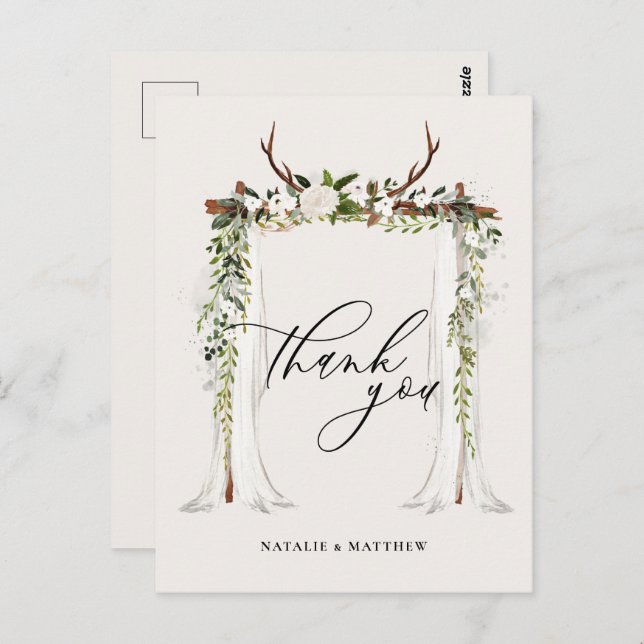 Rustic antler and watercolor floral canopy wedding postcard (Front/Back)