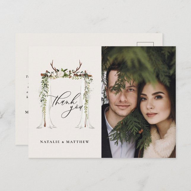 Rustic antler and watercolor floral canopy wedding postcard (Front/Back)