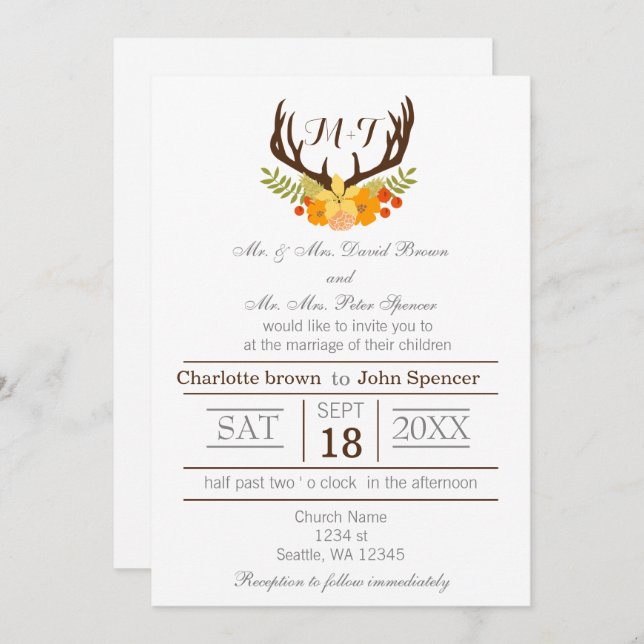 Rustic Antler Deer Floral Woodland Wedding Invitation (Front/Back)