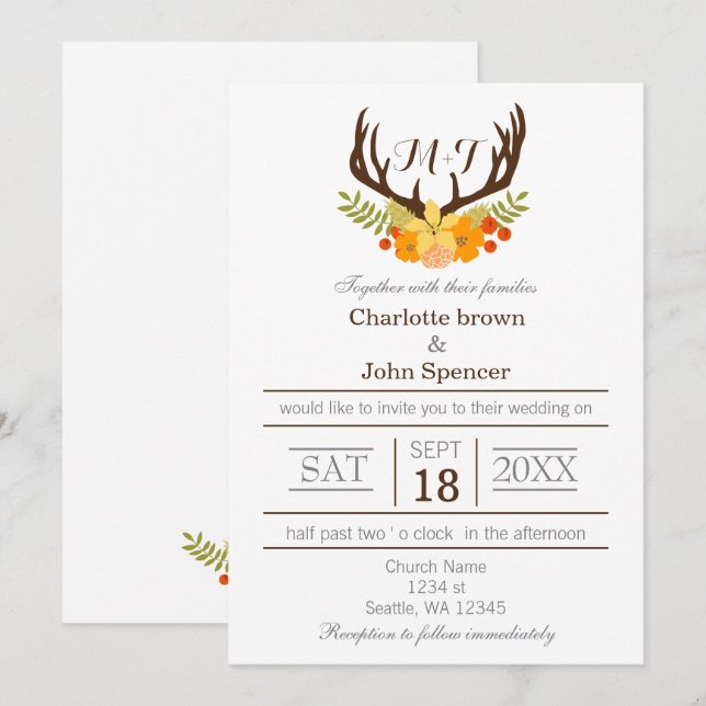 Rustic Antler Deer Floral Woodland Wedding Invitation (Front/Back)