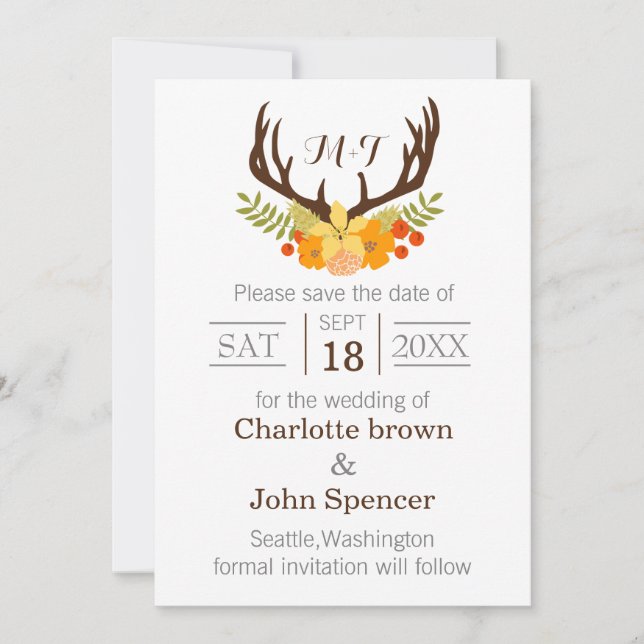 Rustic Antler Deer Floral Woodland Wedding Save The Date (Front)