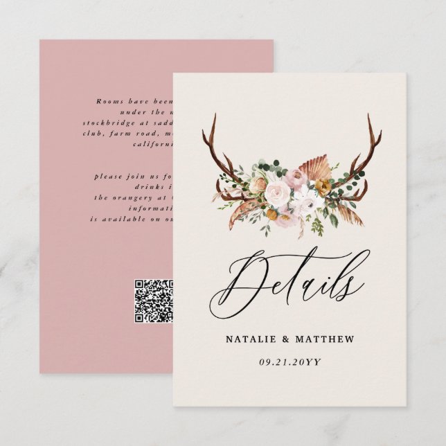 Rustic Antler Floral Wedding woodland Boho Details Enclosure Card (Front/Back)