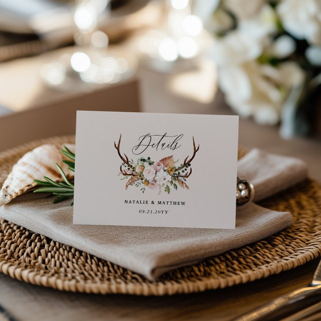 Rustic Antler Floral Wedding woodland Boho Details Enclosure Card (Creator Uploaded)