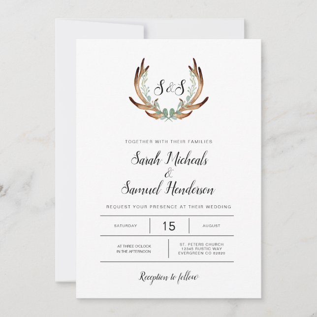 Rustic Antler & Greenery Watercolor Wedding Invitation (Front)
