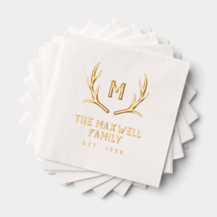 Rustic Antler Monogram Family Name Established Foil Napkins