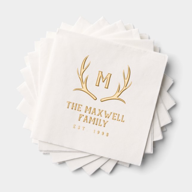 Rustic Antler Monogram Family Name Established Foil Napkins (Insitu (Stacked))