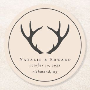 Rustic antler save the date round paper coaster