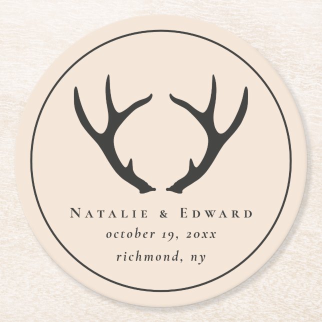 Rustic antler save the date round paper coaster (Front)