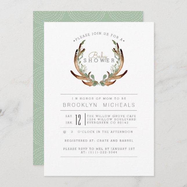 Rustic Antler Watercolor Baby Shower Invitation (Front/Back)
