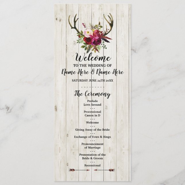 Rustic Antler Wood Flowers Floral Wedding Program (Front)