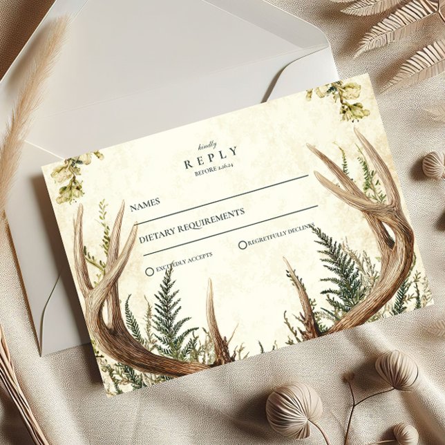 Rustic Antler Woodland Floral Wedding RSVP Card (Creator Uploaded)