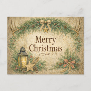 Rustic Antler Wreath Merry Christmas Holiday Postcard