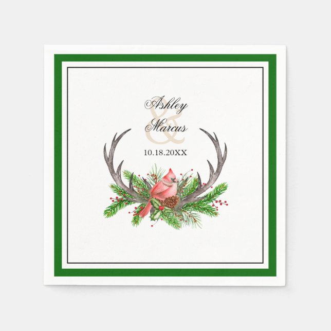 Rustic Antlers and Cardinal with Dark Green Border Napkin (Front)