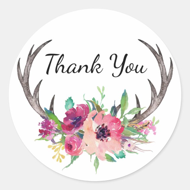 Rustic Antlers Boho Floral Allure Classic Round Sticker (Front)