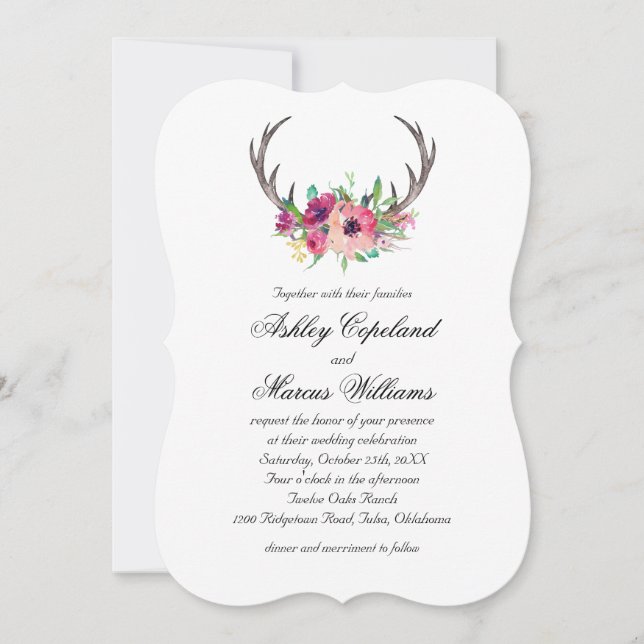 Rustic Antlers Boho Floral Allure Wedding Invitation (Front)