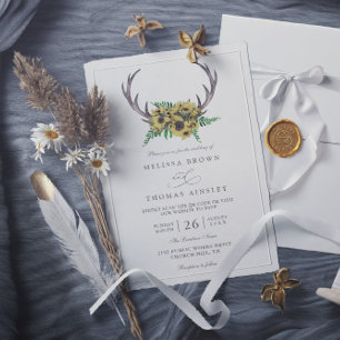 Rustic Antlers Boho Sunflowers QR Code Wedding Invitation