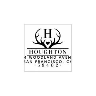 Rustic Antlers Family Name Monogram Return Address Rubber Stamp