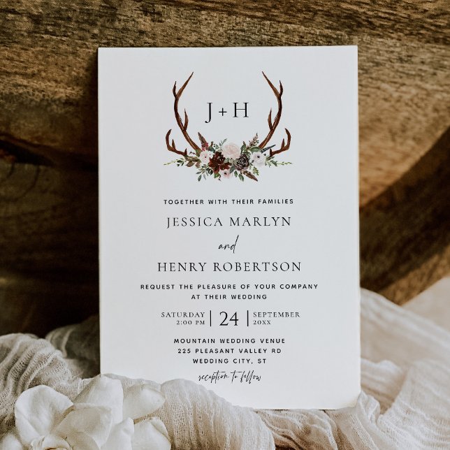 Rustic Antlers Floral Boho Wedding Invitation (Creator Uploaded)
