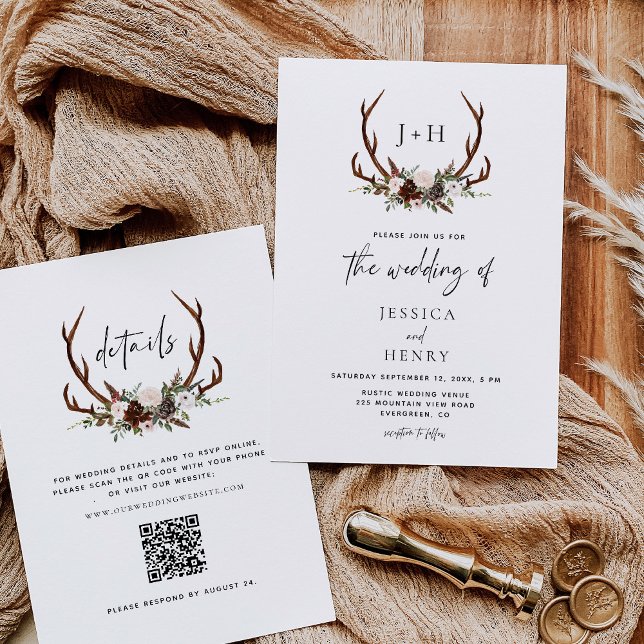 Rustic Antlers Floral Boho Wedding QR Code Invitation (Creator Uploaded)