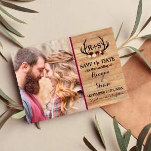 Rustic Antlers Floral Burgundy Wood Save The Date