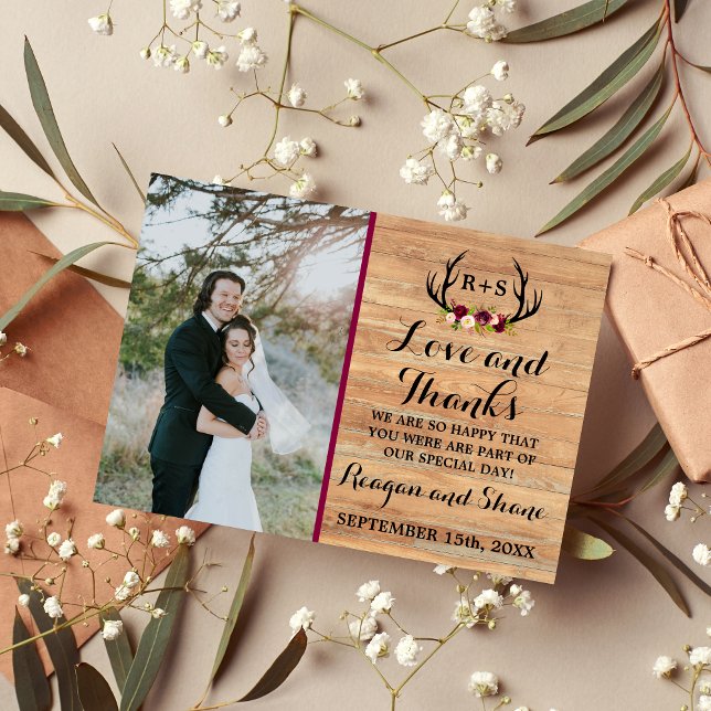 Rustic Antlers Floral Burgundy Wood Thank You (Creator Uploaded)