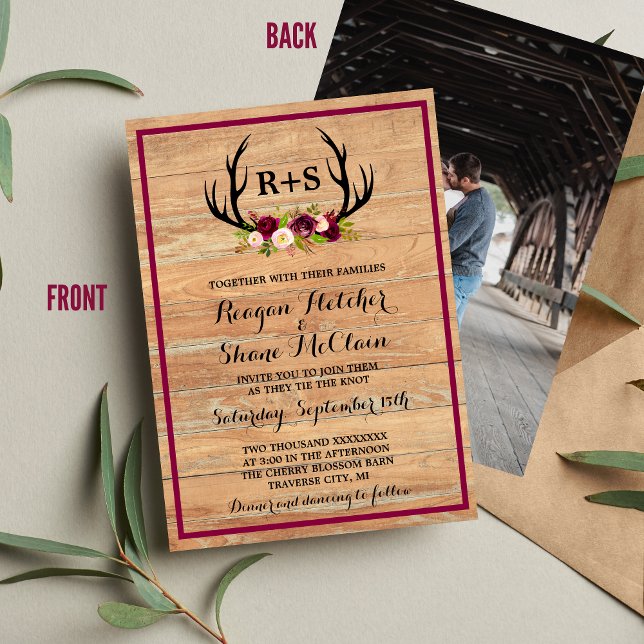 Rustic Antlers Floral Burgundy Wood Wedding Invitation (Creator Uploaded)