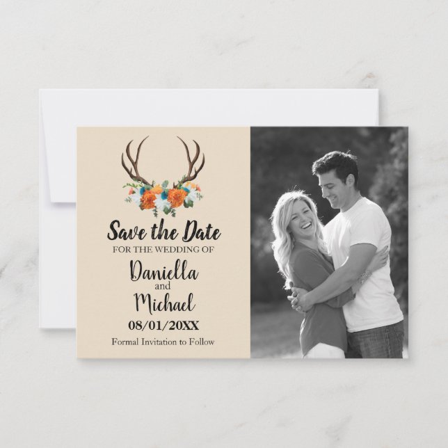 Rustic Antlers Floral Wedding Save The Date (Front)