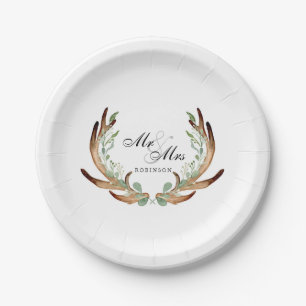 Rustic Antlers & Greenery   Watercolor Mr & Mrs Paper Plate