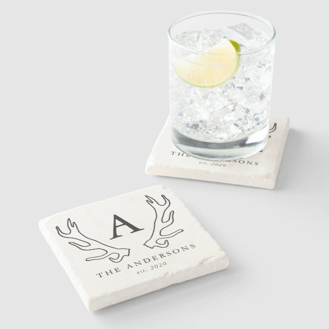 Rustic Antlers Monogram Stone Coaster (Side)