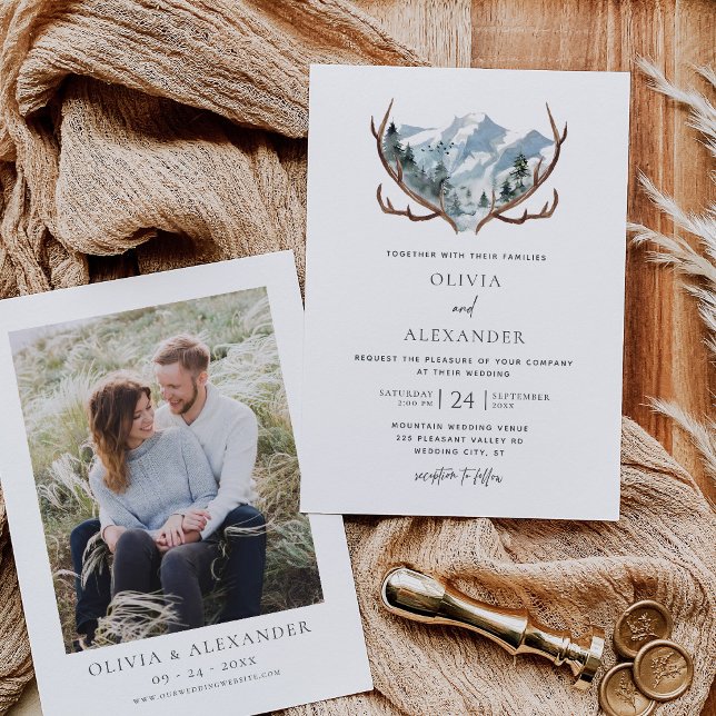 Rustic Antlers Mountain Photo Wedding Invitation (Creator Uploaded)