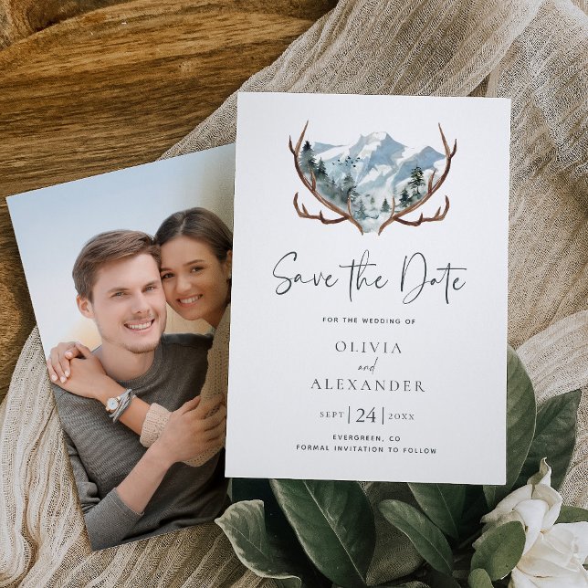 Rustic Antlers Mountain Photo Wedding Save The Date (Creator Uploaded)
