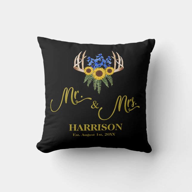 Rustic Antlers Mr and Mrs Lastname Newlywed Gift Cushion (Front)